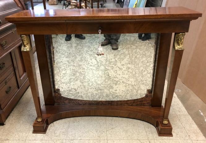DECORATIVE CONSOLE MIRROR TABLE W/1 DRAWER AND BRASS: DECORATIVE CONSOLE MIRROR TABLE W/1 DRAWER AND BRASS MOUNTS, MEASURES 35" HIGH & 43 1/2" ACROSS & 13" DEEP, AS PICTURED