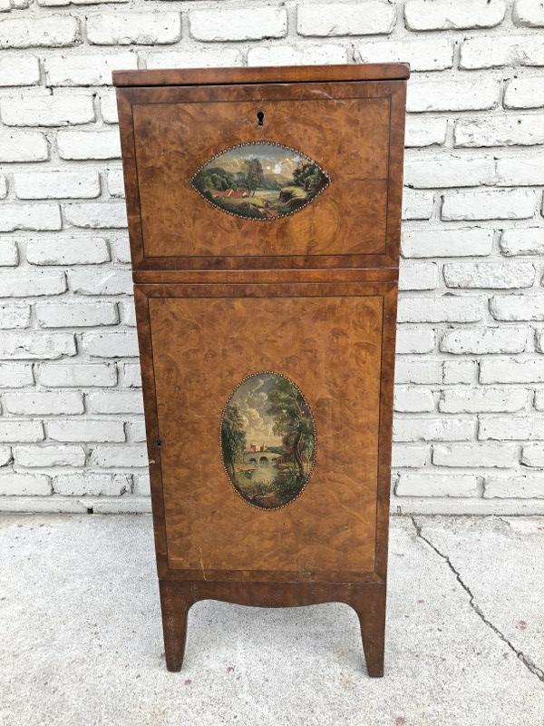 CONTINENTAL BURL CABINET W/SCENIC HAND PAINTED TOP: CONTINENTAL BURL CABINET W/SCENIC HAND PAINTED TOP DRAWER AND ON THE DOOR, ESTATE FOUND CONDITION, CABINET MEASURES 38 1/2" HIGH, 15 1/4" ACROSS & 15 1/4" DEEP, AS PICTURED