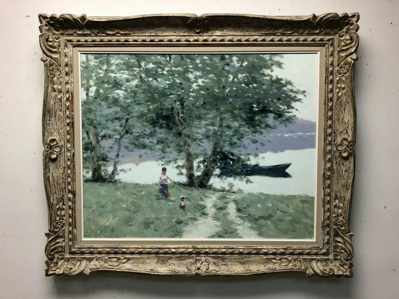 ANDRE GISSON O/C IMPRESSIONIST LANDSCAPE WOMAN AND: ANDRE GISSON O/C IMPRESSIONIST LANDSCAPE WOMAN AND CHILD WALKING BY BOAT IN WATER, IN CARVED DECORATIVE FRAME, SIGNED LOWER LEFT, PAINTING MEASURES 36" X 21", AS PICTURED
