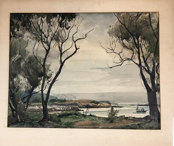 W. LESTER STEVENS W/C LANDSCAPE WITH WATER AND BOAT IN: W. LESTER STEVENS W/C LANDSCAPE WITH WATER AND BOAT IN BACKGROUND, SIGNED LOWER RIGHT, W/C MEASURES 21" X 26", AS PICTURED