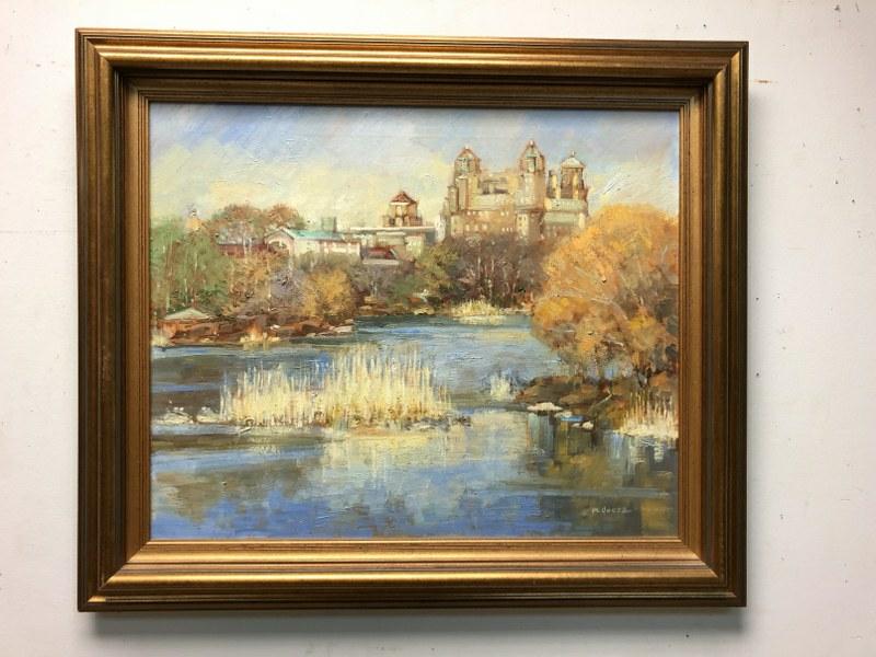 MARY ANNA GOETZ O/C, TITLED- THE LAKE AT CENTRAL PARK,: MARY ANNA GOETZ O/C, TITLED- THE LAKE AT CENTRAL PARK, MEASURES 20" X 24", PAINTED IN 1990, SIGNED FRONT, BACK AND GALLERY LABELS ON BACK AS PICTURED