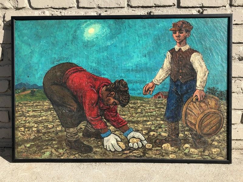 REGINALD WILSON O/C TITLED-POTATO PICKERS, 1946, SIGNED: REGINALD WILSON O/C TITLED-POTATO PICKERS, 1946, SIGNED LOWER LEFT AND ON BACK WITH TITLE AND DATE, CANVAS MEASURES 24" X 36", AS PICTURED