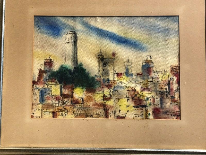 WARREN BRANDON W/C CITYSCAPE, DATED 1960, INFORMATION: WARREN BRANDON W/C CITYSCAPE, DATED 1960, INFORMATION ABOUT THE ARTIST ON BACK AS PICTURED, PAINTING MEASURES 15" X 20"