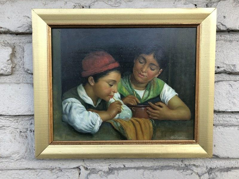 OIL ON BOARD YOUNG BOY & GIRL BLOWING BUBBLES, SIGNED: OIL ON BOARD YOUNG BOY & GIRL BLOWING BUBBLES, SIGNED ILLEGIBLY LOWER RIGHT, WOOD PANEL MEASURES 8" X 10". VERY NICE ESTATE CONDITION.
