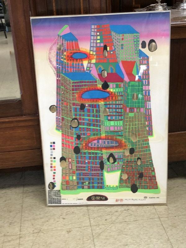 HUNDERTWASSER 1969 POSTER GOOD MORNING CITY, BLEEDING: HUNDERTWASSER 1969 POSTER GOOD MORNING CITY, BLEEDING TOWN, SERIES U, 4158/10,000, THIS SERIES HAS FOUR VARIATIONS: 1 0F 50 GOLD WINDOWS. IN PLEXIGLASS FRAME OF THE PERIOD, THE POSTER MEASURES 33 1/2"