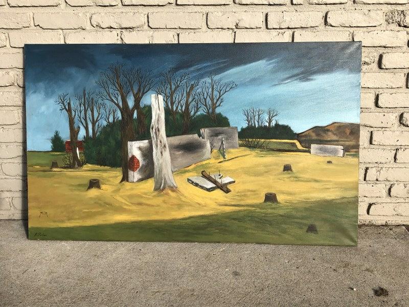 KARL FORTESS O/C LANDSCAPE WALL SPIKES DISTANT TREES,: KARL FORTESS O/C LANDSCAPE WALL SPIKES DISTANT TREES, 30" X 50", SIGNED LOWER LEFT, FROM WOODSTOCK, N.Y. HOME.