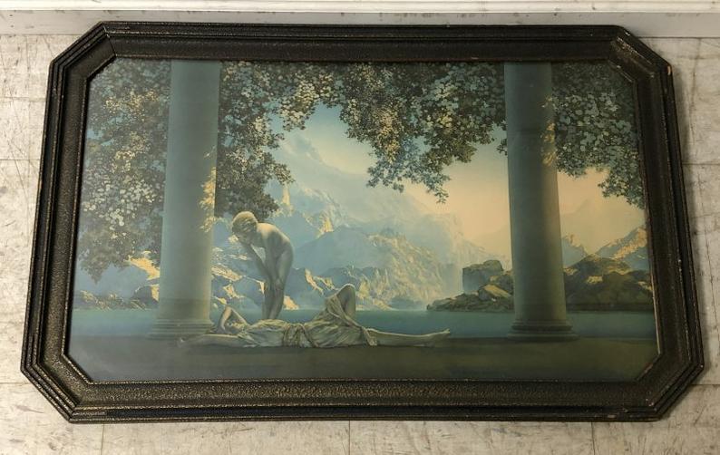 LARGE MAXFIELD PARRISH DAYBREAK PRINT IN ORIGINAL: LARGE MAXFIELD PARRISH DAYBREAK PRINT IN ORIGINAL PERIOD FRAME, GOOD OVERALL ESTATE CONDITION. MEASURES 18" X 30".
