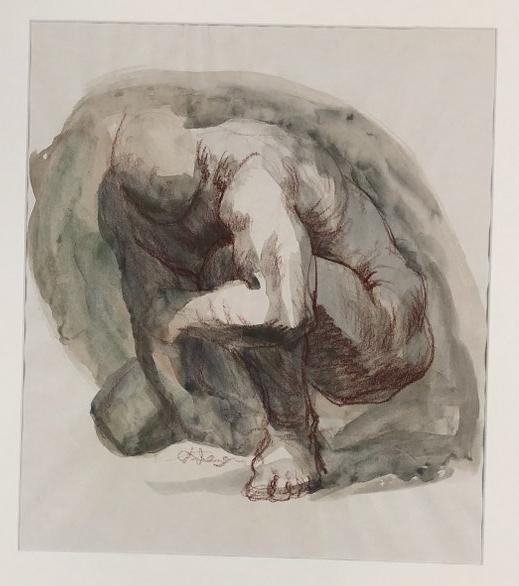 GUSTAV REHBERGER MIXED MEDIA DRAWING OF A MAN, FRAMED: GUSTAV REHBERGER MIXED MEDIA DRAWING OF A MAN, FRAMED AND MATTED, FROM WOODSTOCK, N.Y. ESTATE OF ROBERT ANGELOCH, MEASURES 17" X 15".