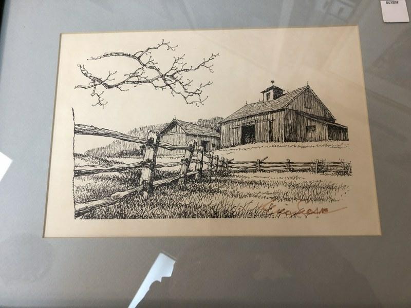 ERIC SLOANE SIGNED PRINT OF BARN, FRAMED AND MATTED,: ERIC SLOANE SIGNED PRINT OF BARN, FRAMED AND MATTED, PRINT MEASURES 9" X 12". VERY GOOD ESTATE FOUND CONDITION.