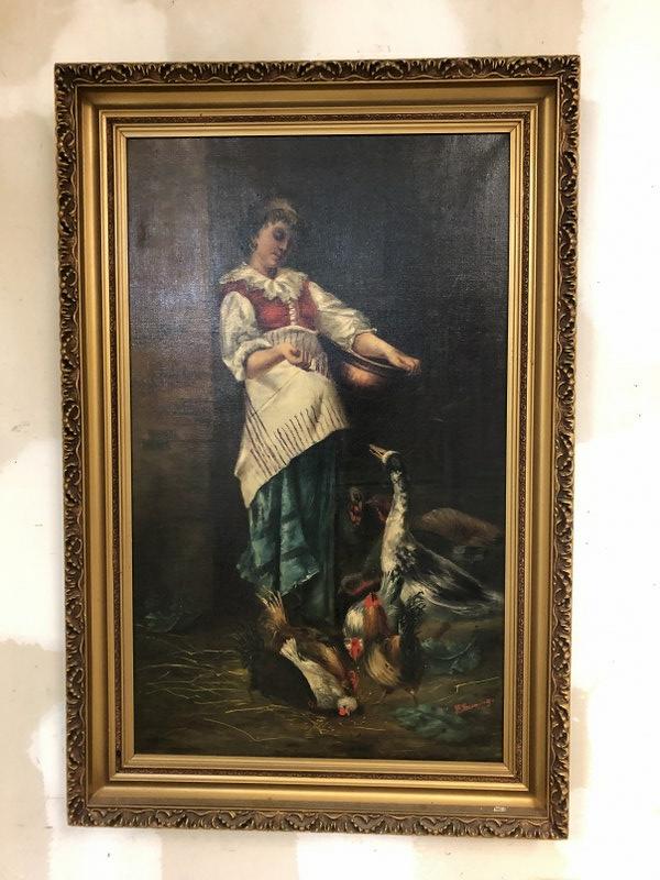 J E CUMMING 19TH C O/C WOMAN HOLDING BASKET, FEEDING: J E CUMMING 19TH C O/C WOMAN HOLDING BASKET, FEEDING THE BIRDS, SIGNED LOWER RIGHT, IN PERIOD GOLD FRAME, FROM SULLIVAN COUNTY ESTATE, PAINTING MEASURES 36" X 22". NICE ESTATE FOUND CONDITION.