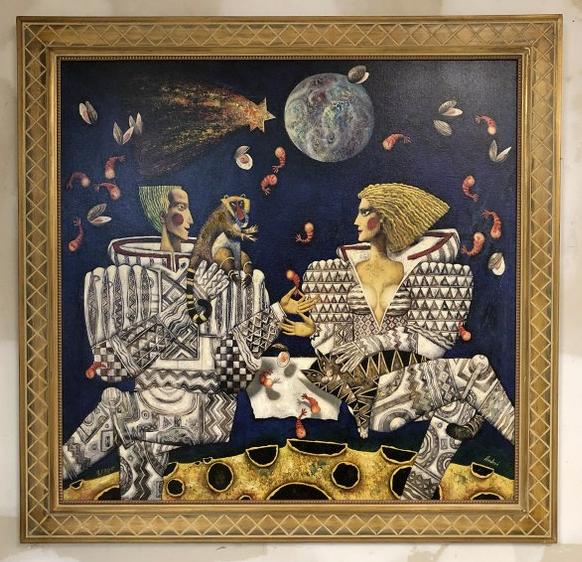 ANDREI PROTSOUK GICLEE ON CANVAS TITLED LUNCH AT THE: ANDREI PROTSOUK GICLEE ON CANVAS TITLED LUNCH AT THE MOON, 7/300, HAND EMBELLISHED, BY ANDREI, AS STATED ON THE BACK. CANVAS MEASURES 32"X 33", NICELY FRAMED, FROM NYC ESTATE.