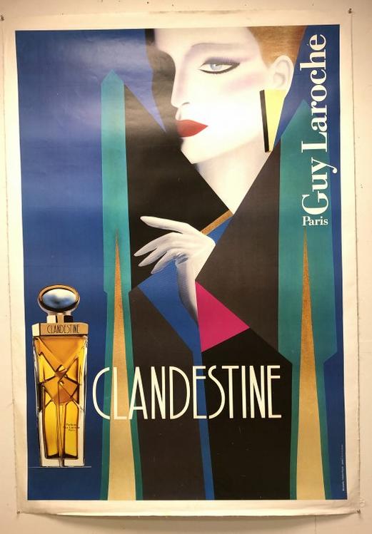 FRENCH POSTER-CLANDESTINE, GUY LAROCHE PARIS, 1996,: FRENCH POSTER-CLANDESTINE, GUY LAROCHE PARIS, 1996, POSTER MEASURES 66 1/2" X 45 1/2", LINEN BACKED, GOOD CONDITION, AS PICTURED, FROM RETIRED NEW ENGLAND COLLECTOR DEALER