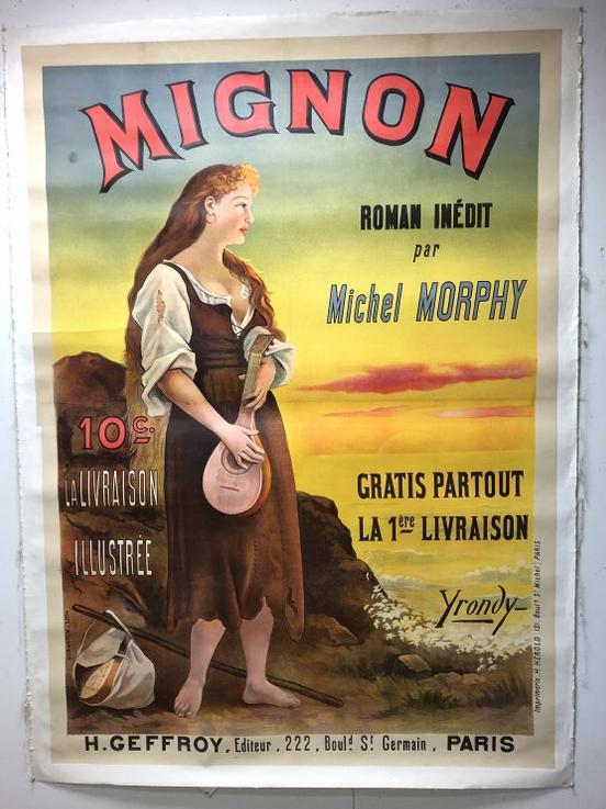 FRENCH POSTER-MIGNON ROMAN INEDIT PAR MICHEL MORPHY,: FRENCH POSTER-MIGNON ROMAN INEDIT PAR MICHEL MORPHY, GRATIS PARTOUT LA 1ERE LIVRAISON, 2 PART, LINEN BACKED, MEASURES 76 1/2" X 55", GOOD CONDITION, AS PICTURED, FROM RETIRED NEW ENGLAND COLLECTOR DEA