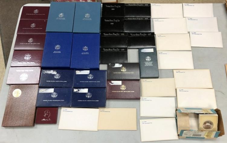 ESTATE LOT OF PROOF SETS, COMMEMORATIVE SILVER DOLLARS, (1 of 9)
