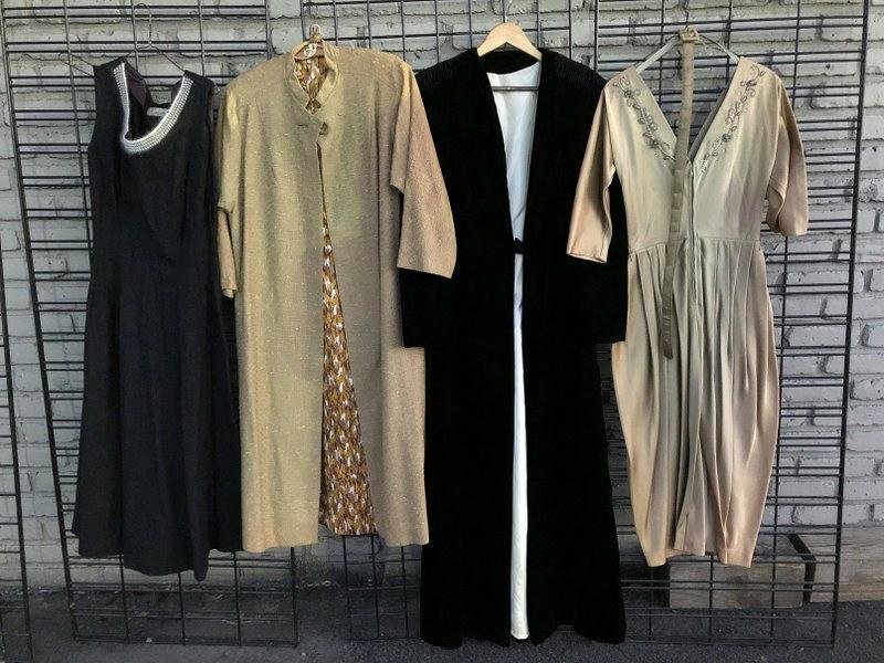 (4) PC. VINTAGE CLOTHING LOT, WITH LONG BLACK VELVET: (4) PC. VINTAGE CLOTHING LOT, WITH LONG BLACK VELVET ROBE, AND 3 COOL DRESSESâ€¦..ALL THESE CLOTHES ARE FROM ONE WOMAN'S ESTATE IN KINGSTON, N.Y., SOME WERE HER GRANDMOTHERS, AND STORED AWAY FOR M