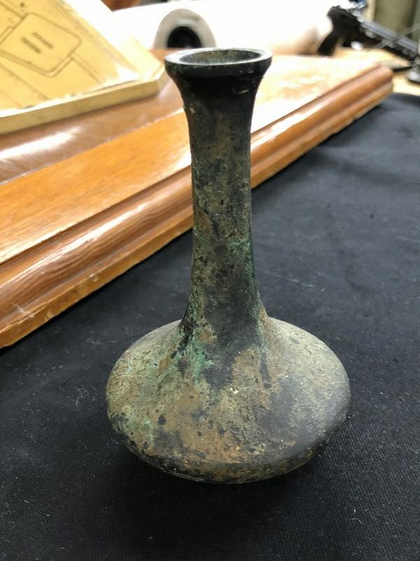 EARLY ASIAN BRONZE VASE (?) WITH OLD PATINA, AND MARKED (1 of 4)