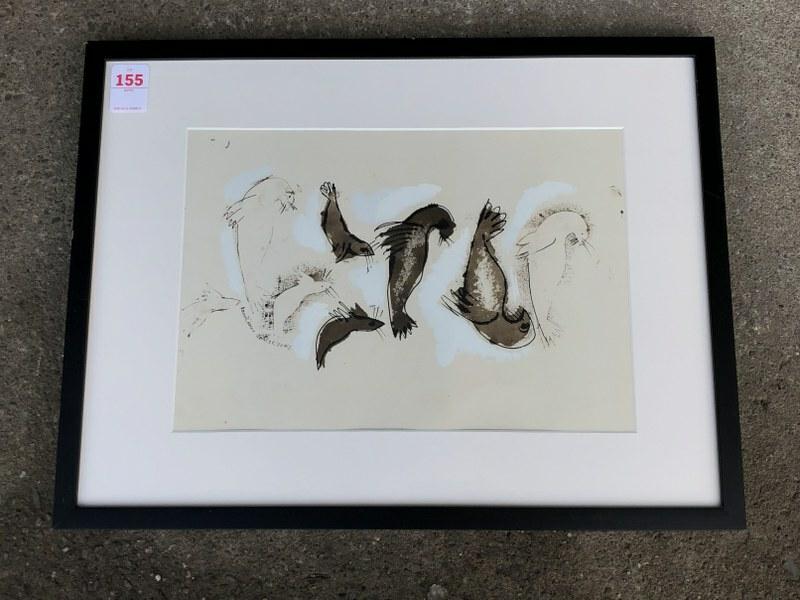 KONRAD CRAMER W/C GOUACHE OF SEALSâ€¦â€¦SIGNED, DATED: KONRAD CRAMER W/C GOUACHE OF SEALSâ€¦â€¦SIGNED, DATED APRIL 22, 52 #2â€¦â€¦.NICELY FRAMED AND MATTED, MEASURES 13" X 18", FROM WOODSTOCK, NEW YORK COLLECTION WE ARE SELLINGâ€¦..