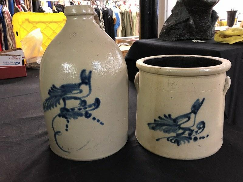 (2) PCS. STONEWARE JUG & CROCK WITH BLUE BIRDS ON THEM, (1 of 3)