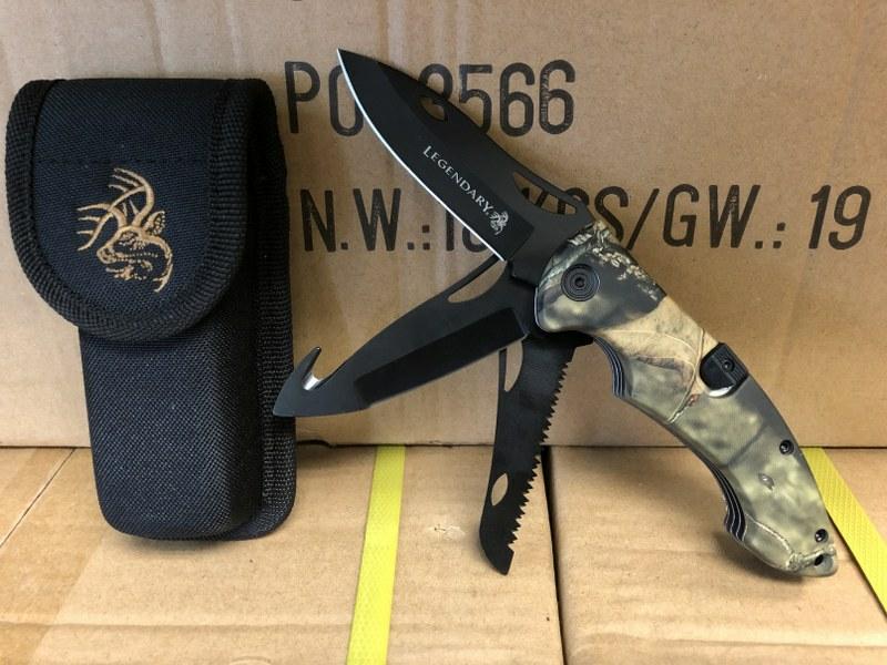 (1) CASE (60) LEGENDARY BIG GAME WHITETAILS CAMOUFLAGED: (1) CASE (60) LEGENDARY BIG GAME WHITETAILS CAMOUFLAGED FOLDING KNIFE, WITH NYLON CASE, THAT HAS STRAP ON BACK TO GO ON YOUR BELT. ALL NEW STOCK, FOLDED THE KNIFE MEASURES 4 1/2" LONG, STAINLESS STEEL