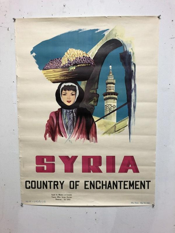 1950'S SYRIA TRAVEL POSTER, SOME CRINKLING TO BORDERS,: 1950'S SYRIA TRAVEL POSTER, SOME CRINKLING TO BORDERS, MEASURES 29 1/2" X 22", FROM NEW ENGLAND COLLECTION WE ARE SELLING