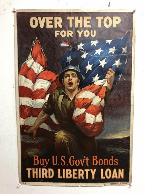WWI POSTER-BUY US GOV'T BONDS THIRD LIBERTY LOAN,: WWI POSTER-BUY US GOV'T BONDS THIRD LIBERTY LOAN, ARTIST IS SIDNEY H RIESENBERG, MEASURES 30" X 20", SOME TEARS IN BORDERS, AS PICTURED, FROM NEW ENGLAND COLLECTION WE ARE SELLING