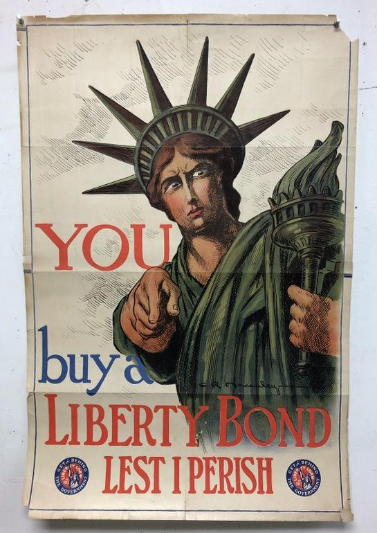WWI POSTER-YOU BUY A LIBERTY BOND LEST I PERISH, ARTIST: WWI POSTER-YOU BUY A LIBERTY BOND LEST I PERISH, ARTIST IS MACAULEY, MEASURES 30" X 20", PIECE MISSING IN UPPER RIGHT CORNER, TEARS IN BORDERS, AS PICTURED, FROM NEW ENGLAND COLLECTION WE ARE SELLING