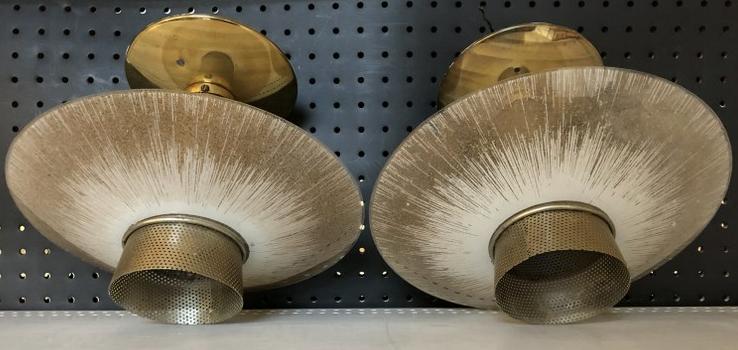 PR. GERALD THURSTON LIGHTOLIER MID CENTURY HANGING: PR. GERALD THURSTON LIGHTOLIER MID CENTURY HANGING LIGHTS, CONE SHAPED, ORIGINAL GLASS SHADES (MEASURE 11" ACROSS, FIXTURES MEASURE 9" TOP TO BOTTOM, ALL ORIGINAL CONDITION, ALL THE LIGHTOLIER FIXTURE