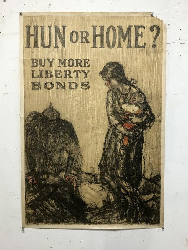 WWI POSTER- HUN OR HOME? BUY MORE LIBERTY BONDS,: WWI POSTER- HUN OR HOME? BUY MORE LIBERTY BONDS, MEASURES 30" X 20", ARTIST IS RALEIGH, HAS PIECE MISSING FROM UPPER RIGHT CORNER, SMALL TEARS IN BORDERS, AS PICTURED, FROM NEW ENGLAND COLLECTION WE A