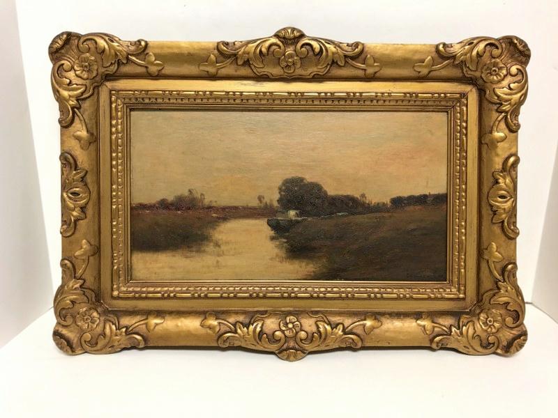 EDWARD GAY IMPRESSIONIST O/WOOD PANEL LANDSCAPE WITH: EDWARD GAY IMPRESSIONIST O/WOOD PANEL LANDSCAPE WITH WATER & BOAT IN FOREGROUND, TITLED ( LATE AFTERNOON EASTCHESTER CREEK, N.Y. ), ON THE BACKâ€¦.SIGNED LOWER RIGHT, IN NICE FRAME OF THE PERIOD, 
