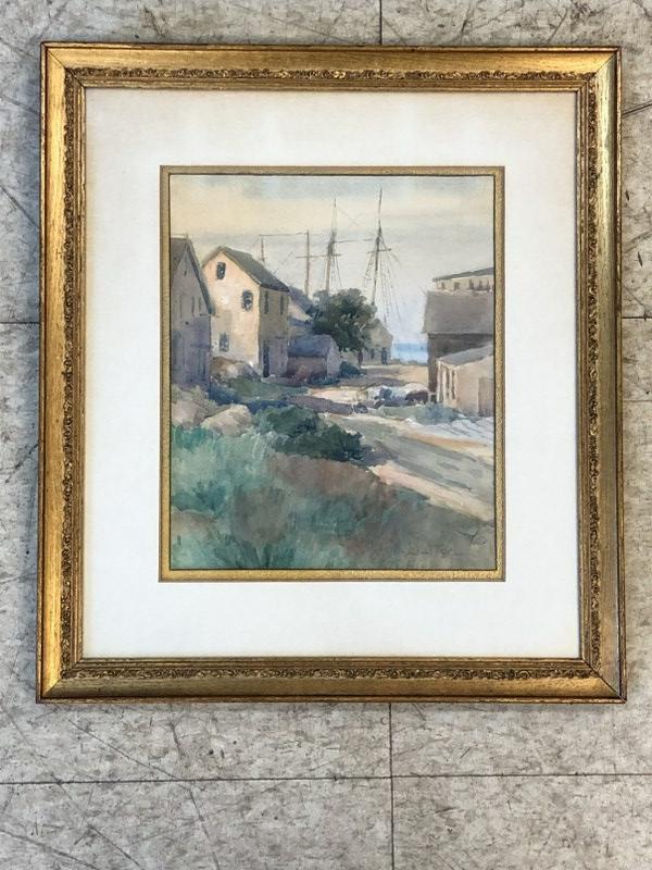 M. DUTTON W/COLOR STREET SCENE WITH BOATS AND WATER IN: M. DUTTON W/COLOR STREET SCENE WITH BOATS AND WATER IN BACKGROUND, LOOKS LIKE NEW ENGLAND, SIGNED LOWER RIGHT, CIRCA 1940'S, MATTED AND FRAMED OF THE PERIOD, PAINTING MEASURES 11" X 9 1/2". FROM ALBAN