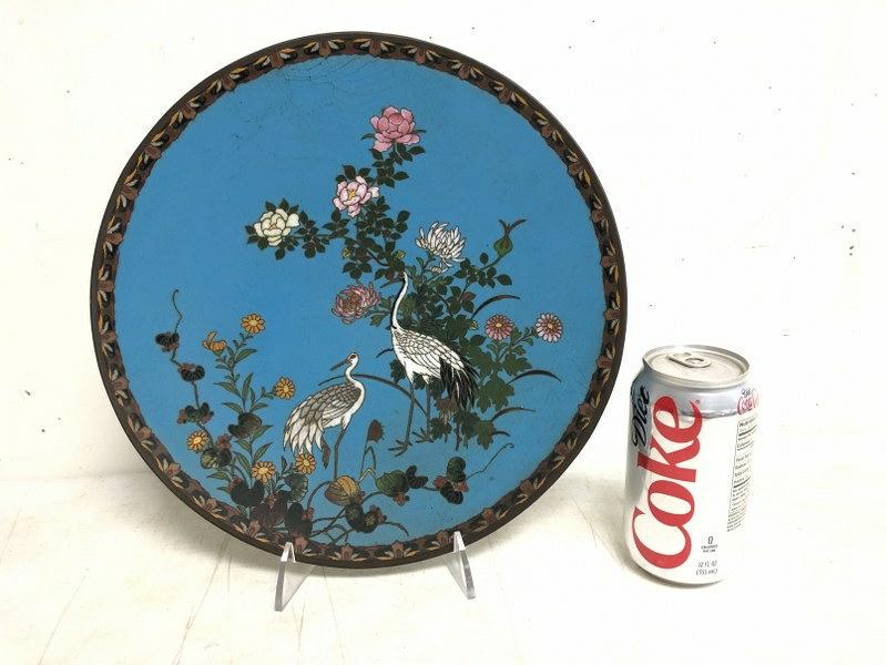 EARLY CLOISONNE 12" PLATE WITH BIRDS AND FLOWERS,: EARLY CLOISONNE 12" PLATE WITH BIRDS AND FLOWERS, UNUSUAL MARK ON BACK, FROM NYC ESTATE, AND LATER MOVED TO HUDSON VALLEY, N.Y. SOME OLD HAIRLINES WITH AGEâ€¦â€¦