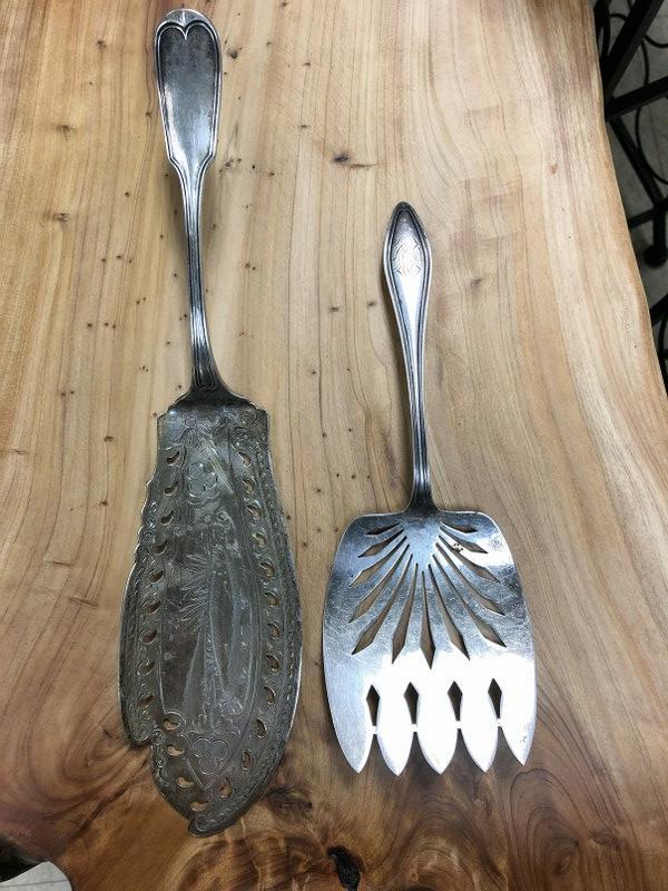 STERLING 2 PCS- FISH KNIFE & SERVING FORK, BOTH: STERLING 2 PCS- FISH KNIFE & SERVING FORK, BOTH MONOGRAMMED, ON BACK OF KNIFE SIGNED A. COLES, FISH KNIFE MEASURES 11 5/8" LONG, SERVING FORK MEASURES 8 3/4" LONG, TOTAL TROY OUNCE WEIGHT IS 7.47, AS