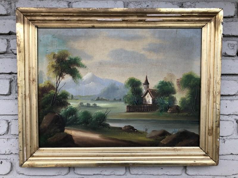 19TH CENTURY O/C LANDSCAPE W/BUILDING IN BACKGROUND IN: 19TH CENTURY O/C LANDSCAPE W/BUILDING IN BACKGROUND IN LEMON GILT FRAME WITH SOME FLAKING, SOME OLD PATCHES IN PAINTING ON CANVAS, ON BACK OF CANVAS IS STAMPED PAINTED BY G. SMITH NEW YORK, CANVAS MEA
