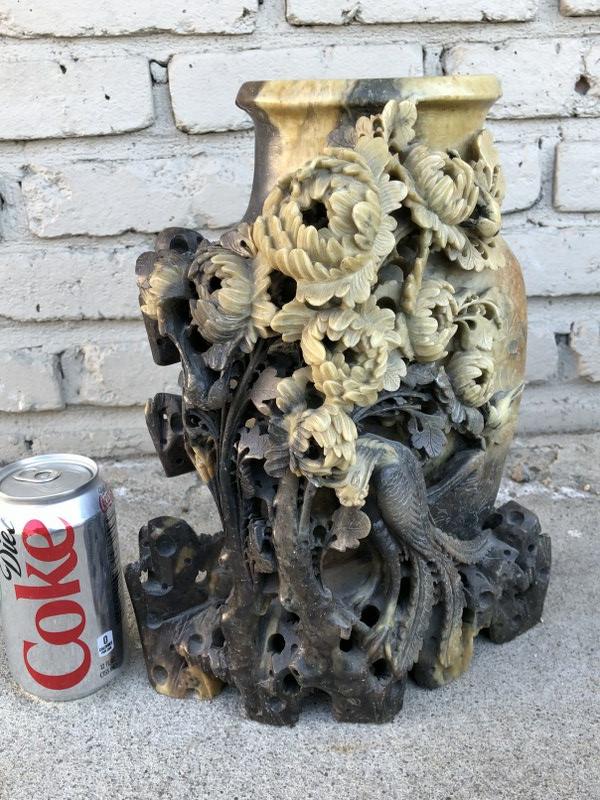 EARLY 13" CARVED SOAPSTONE OR JADE (?) CARVED VASE: EARLY 13" CARVED SOAPSTONE OR JADE (?) VASE BIRDS AND FLOWERS, NICE ESTATE FOUND CONDITION, HAS AGE CRACKLING ON BACK AS PICTURED. VERY NICE INTRICATE CARVING, AND UNUSUAL SIZE...