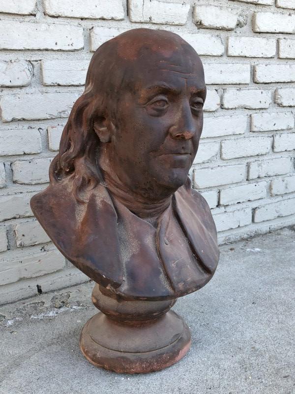 HOUDON TERRA COTTA BUST OF BENJAMIN FRANKLIN 23" HIGH: HOUDON TERRA COTTA BUST OF BENJAMIN FRANKLIN 23" HIGH, FROM HUDSON VALLEY ESTATE, QUITE HEAVY, NICE ESTATE FOUND CONDITION. AS PICTURED FROM ALL SIDES.
