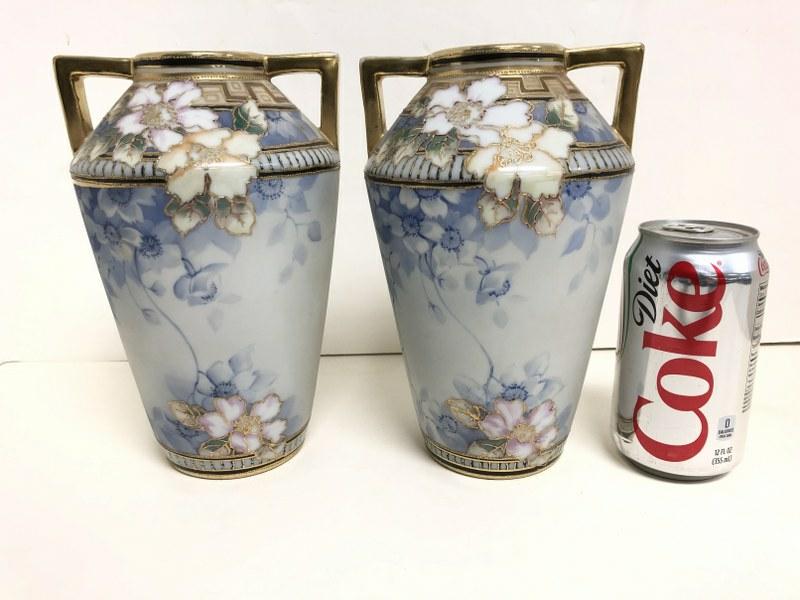 PR. NIPPON HAND PAINTED FLORAL VASES 8 1/4": PR. NIPPON HAND PAINTED FLORAL VASES 8 1/4" HIGH, IN EXCELLENT ESTATE CONDITION. NO DAMAGE OR REPAIR, A LITTLE OF GOLD WORN OFF HANDLES....
