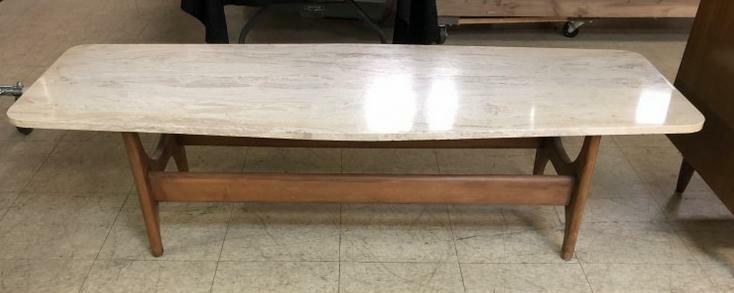 DANISH MODERN TRAVERTINE TOP COFFEE TABLE: DANISH MODERN TRAVERTINE TOP COFFEE TABLE, WITH WALNUT BASE, NICE OVERALL ESTATE FOUND CONDITION, TOP MEASURES 60\" X 21\", SMALL CHIP ON TOP RIM ON ONE SIDE, DOESN\'T DETRACT FROM APPEARANCE.