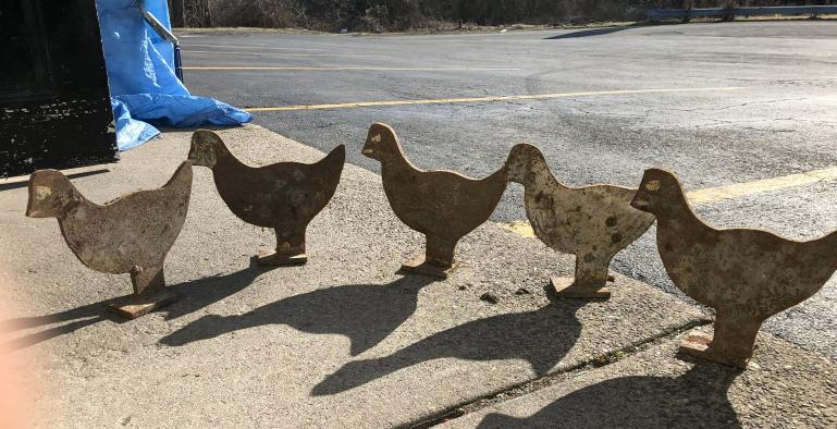 (5) FOLK ART HEAVY IRON STANDING BIRDS FOUND IN BARN: (5) FOLK ART HEAVY IRON STANDING BIRDS FOUND IN BARN, FROM ESTATE IN THE HUDSON VALLEY, NEW YORK. THEY MEASURE 12" HIGH X 13 1/4" LONG....NICE OLD PATINA.