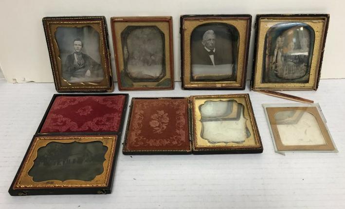 Lot of 7 larger cased images. 6 quarter-plate and: Lot of 7 larger cased images. 6 quarter-plate and somewhat larger-than-quarter plate Daguerreotypes plus one outdoor quarter-plate ambrotype