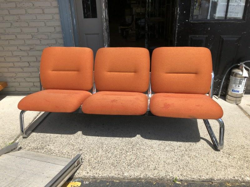 MID CENTURY CHROME 72" LONG SOFA, WITH ORIGINAL ORANGE: MID CENTURY CHROME 72" LONG SOFA, WITH ORIGINAL ORANGE FABRIC, IN AS FOUND CONDITION, POSSIBLY USED IN IBM IN KINGSTON.