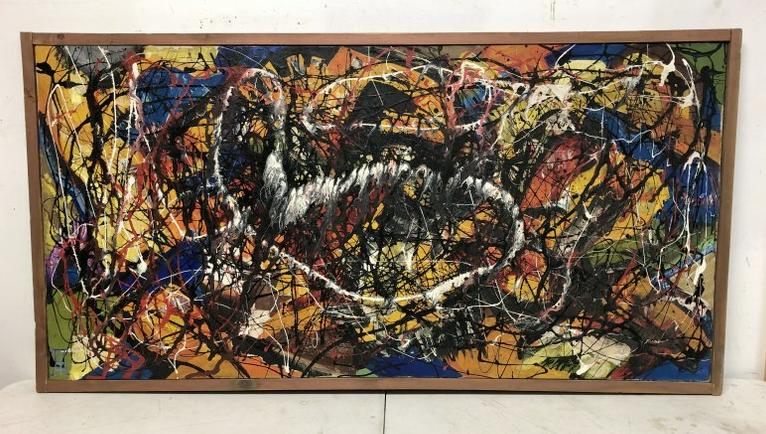 UTA VON BERN O/C ABSTRACT DRIP PAINTING, IN STYLE OF: UTA VON BERN O/C ABSTRACT DRIP PAINTING, IN STYLE OF JACKSON POLLOCK, CIRCA 1950'S, IN FRAME OF PERIOD, MEASURES 25" X 50". FROM ESTATE OF UTA VON BERN, ARTIST LIVED LATER IN RHINEBECK, N.Y. SHE STUDI