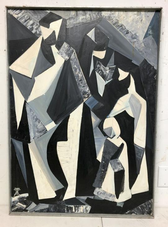 UTA VON BERN MID CENTURY O/C ABSTRACT WITH FIGURES,: UTA VON BERN MID CENTURY O/C ABSTRACT WITH FIGURES, TITLED UNITY II, CIRCA 1950'S, CANVAS MEASURES 52" X 30". SIGNED WITH HER STYLIZED MARK. FROM ESTATE OF UTA VON BERN, ARTIST LIVED LATER IN RHINEBEC