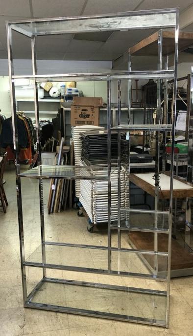 MILO BAUGHMAN CHROME & GLASS ETAGERE, VERY NICE: MILO BAUGHMAN CHROME & GLASS ETAGERE, VERY NICE CONDITION, FRAME AND GLASS, MEASURES 79 .5" X 42.5" X 16" DEEP. FROM HUDSON VALLEY HOME.