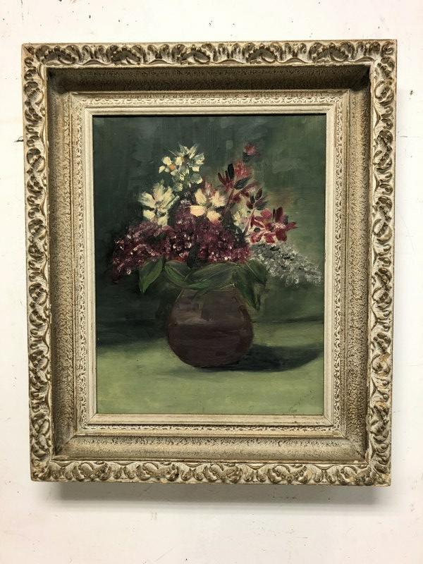 O/C FLORAL STILL LIFE SIGNED NANCY O'NEILL, DATED 1973,: O/C FLORAL STILL LIFE SIGNED NANCY O'NEILL, DATED 1973, EXHIBITION LABEL ON BACK, KINGSTON, NY ARTIST, IN NICE DECORATIVE FRAME, PAINTING MEASURES 18" X 14". FROM ULSTER COUNTY, N.Y. ESTATE.