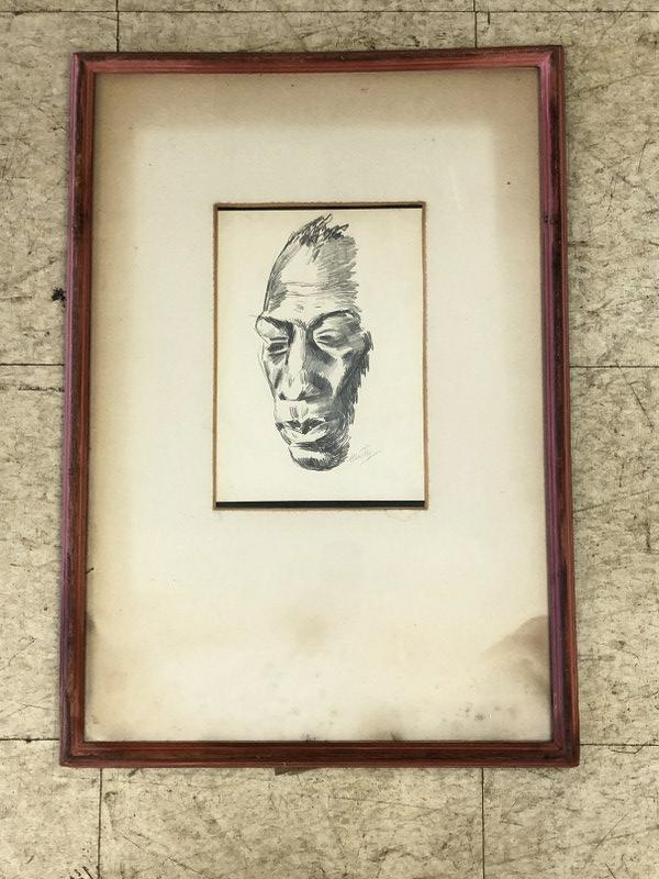 HANS FOY (N.Y. 1894-1971) DRAWING OF BLACK MAN,: HANS FOY (N.Y. 1894-1971) DRAWING OF BLACK MAN, PORTRAIT, SIGNED IN FRONT, WITH INSCRIPTION ON BACK, DRAWING MEASURES 10" X 8". MATTED AND FRAMED, FOXING ON MAT, FRAME MEASURES 23" X 16".