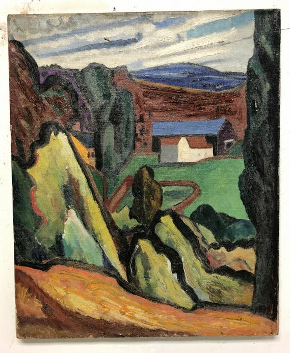 HANS FOY (N.Y. 1894-1971) O/C NEW HAMPSHIRE HILLS,: HANS FOY (N.Y. 1894-1971) O/C NEW HAMPSHIRE HILLS, INFORMATION ON BACK AS PICTURED, PAINTING MEASURES 22" X 18", ESTATE FOUND CONDITION, FROM HUDSON VALLEY ESTATE.