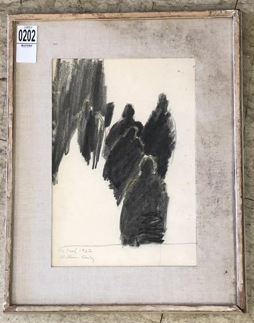 WILLIAM CLUTZ (BORN 1933) DRAWING WITH PEOPLE, DATED: WILLIAM CLUTZ (BORN 1933) DRAWING WITH PEOPLE, DATED 1962. MEASURES 11" X 8". IN FRAME OF THE PERIOD, FROM HUDSON VALLEY ESTATE.