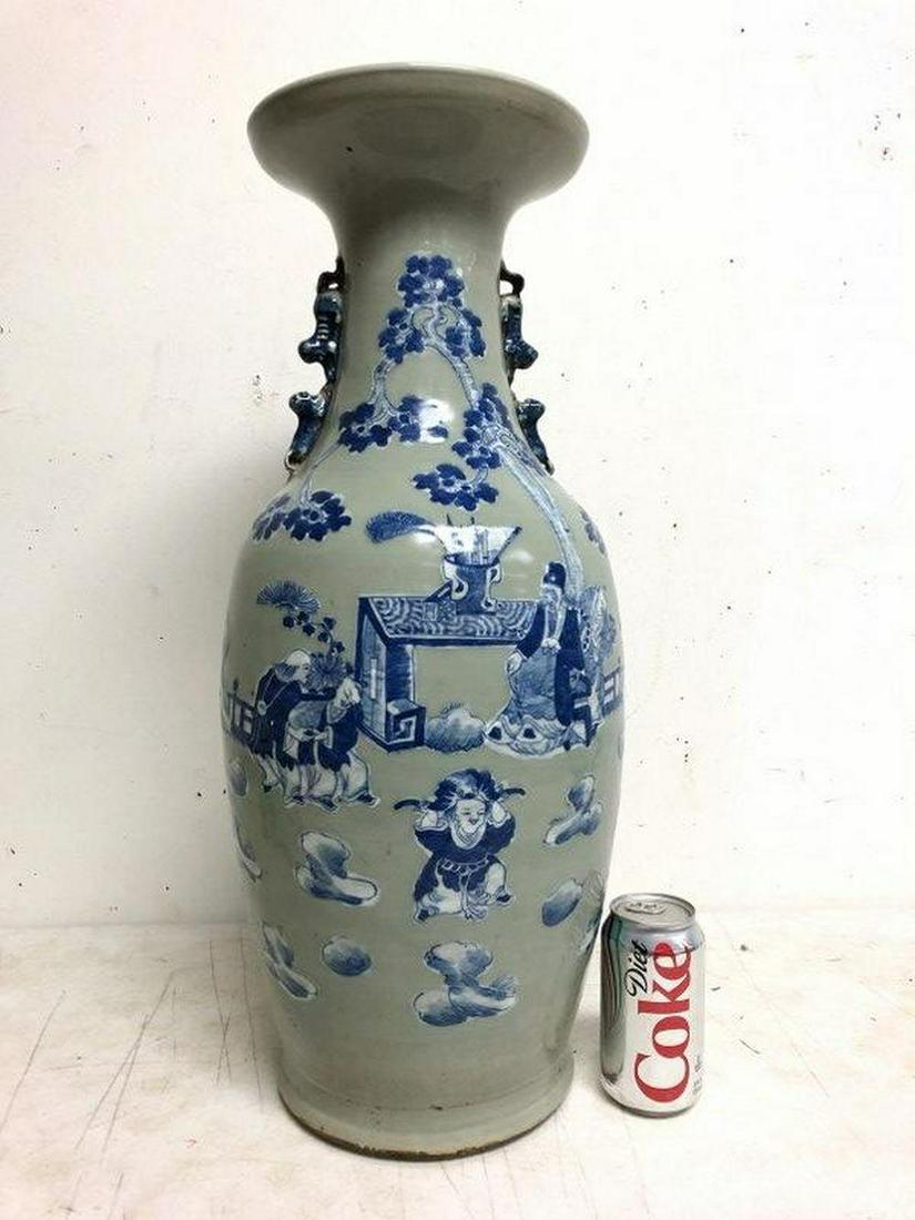 LARGE OLDER ASIAN LIGHTER GREEN BACKGROUND VASE, PEOPL: LARGE OLDER ASIAN LIGHTER GREEN BACKGROUND VASE, PEOPLE OUTSIDE BY ALTAR, HAS 2 FIRING MARKS, 1 ON EACH SIDE, HAIRLINES ON BOTTOM AS PICTURED, MEASURES 24" HIGH, FROM HUDSON VALLEY ESTATE......(WE SOL
