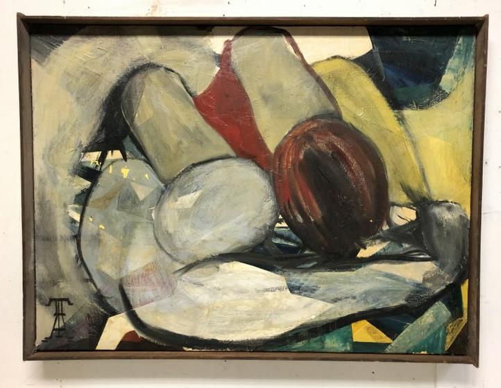 UTA VON BERN MID CENTURY O/C TITLED II LOVERS, CIRCA: UTA VON BERN MID CENTURY O/C TITLED II LOVERS, CIRCA 1950'S, SOME PAINT FLAKING, CANVAS MEASURES 27" X 36", SIGNED IN HER STYLIZED MARK. FROM ESTATE OF UTA VON BERN, ARTIST LIVED LATER IN RHINEBECK, N