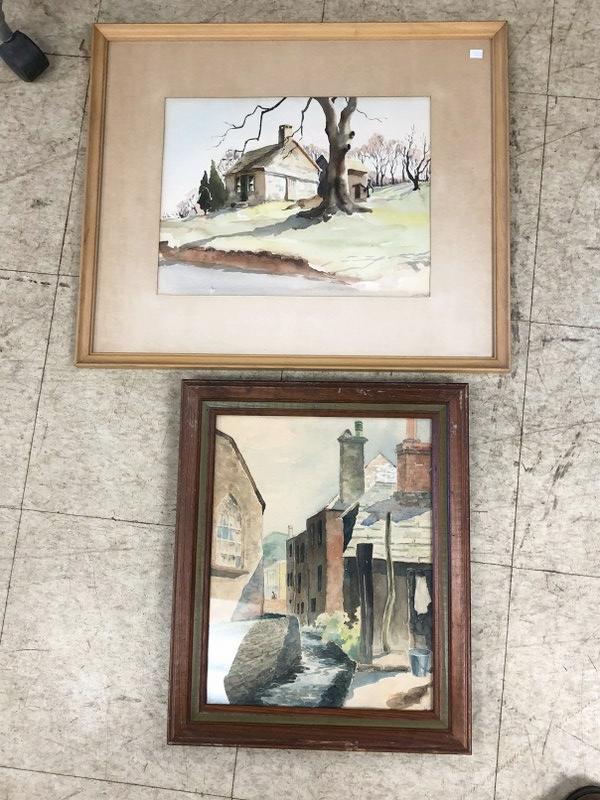 (2) ESTATE WATERCOLOURS, CIRCA 1950'S STREET SCENE: (2) ESTATE WATERCOLOURS, CIRCA 1950'S STREET SCENE SIGNED RIVA (MEASURES 14" X 11") & OLD STONE HOUSE SIGNED DR BAN (?) PAINTING MEASURES 11" X 14". FROM LOCAL HUDSON VALLEY ESTATE.